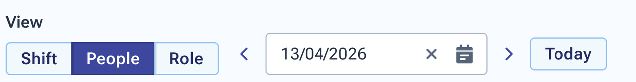 The view control set to People, with Shift and Role either side of it, next to the week date picker and a Today button.